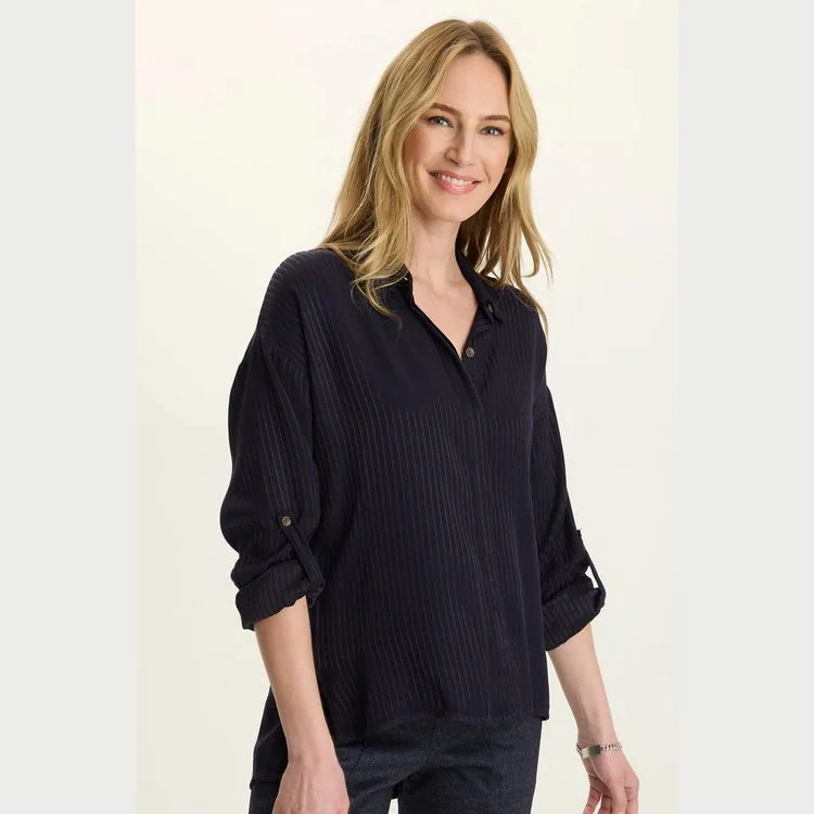 The aeson relaxed-fit striped button-up top in navy by Wearables