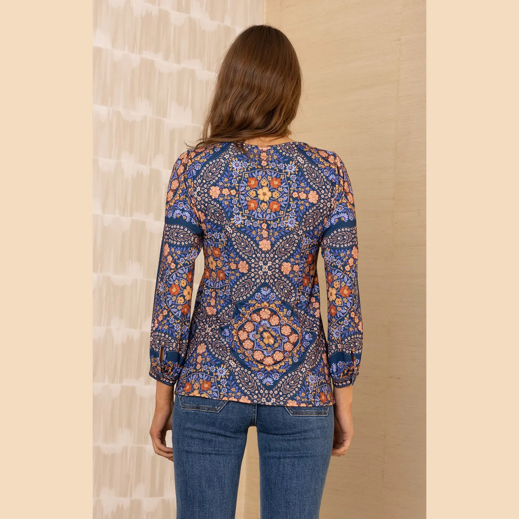 The paloma v-neck 3/4 sleeve jersey top by Hale Bob in navy