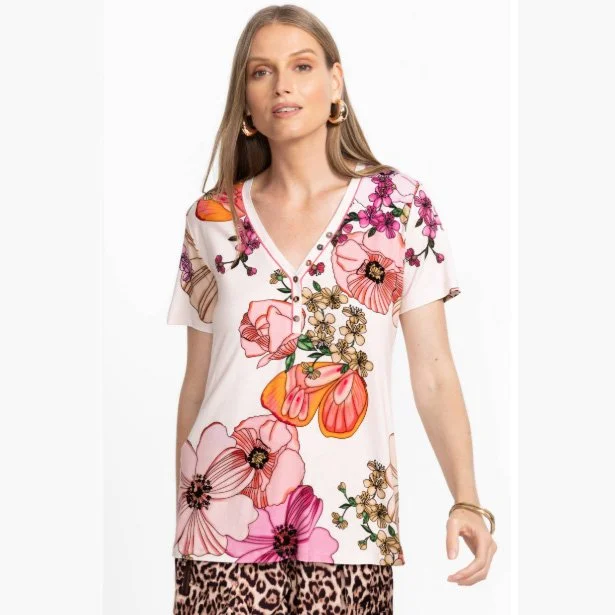 Johnny Was the janie favorite short sleeve henley tee in rosabelia print/color combination