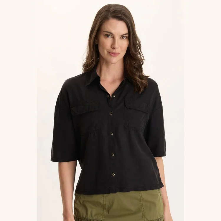 The tage soft twill snap-up top in black by XCVI