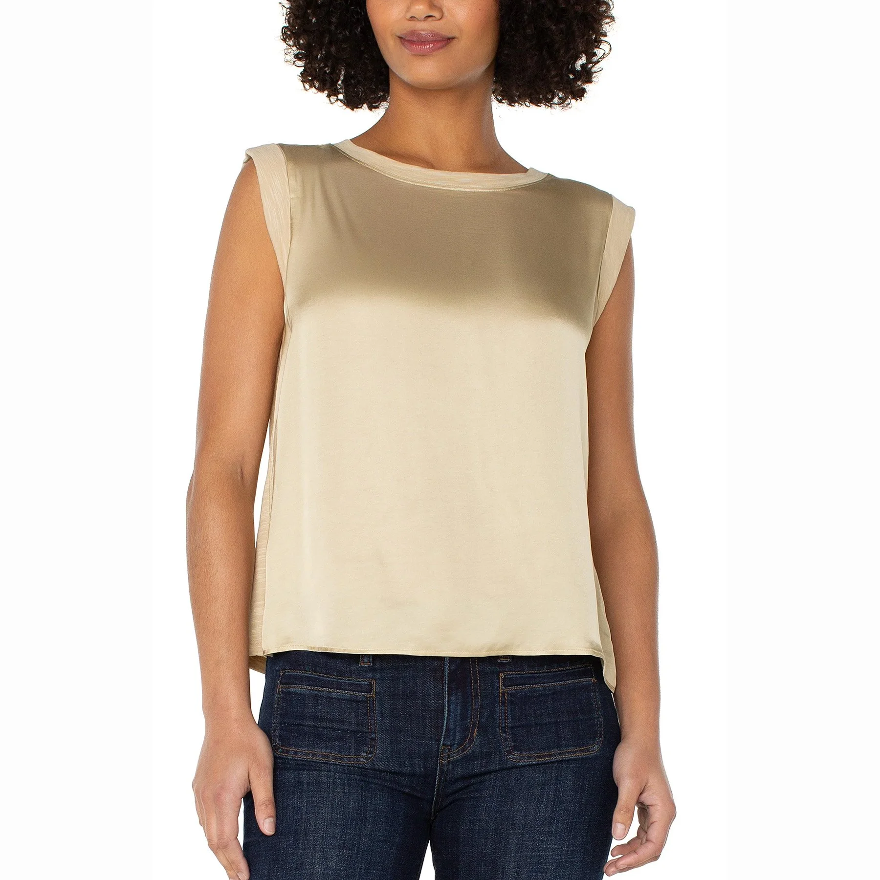 The sleeveless woven to knit top in pale gold by Liverpool LA