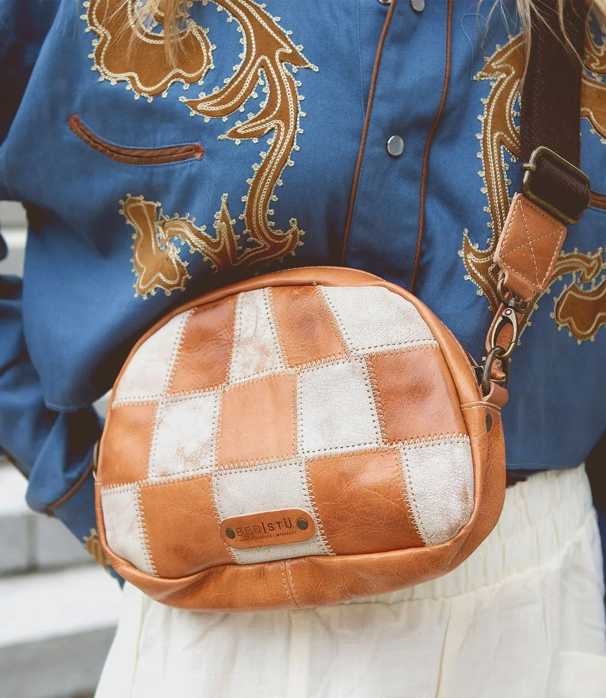 The abundance sling bag in tan rustic/nectar lux leathers by Bed Stu