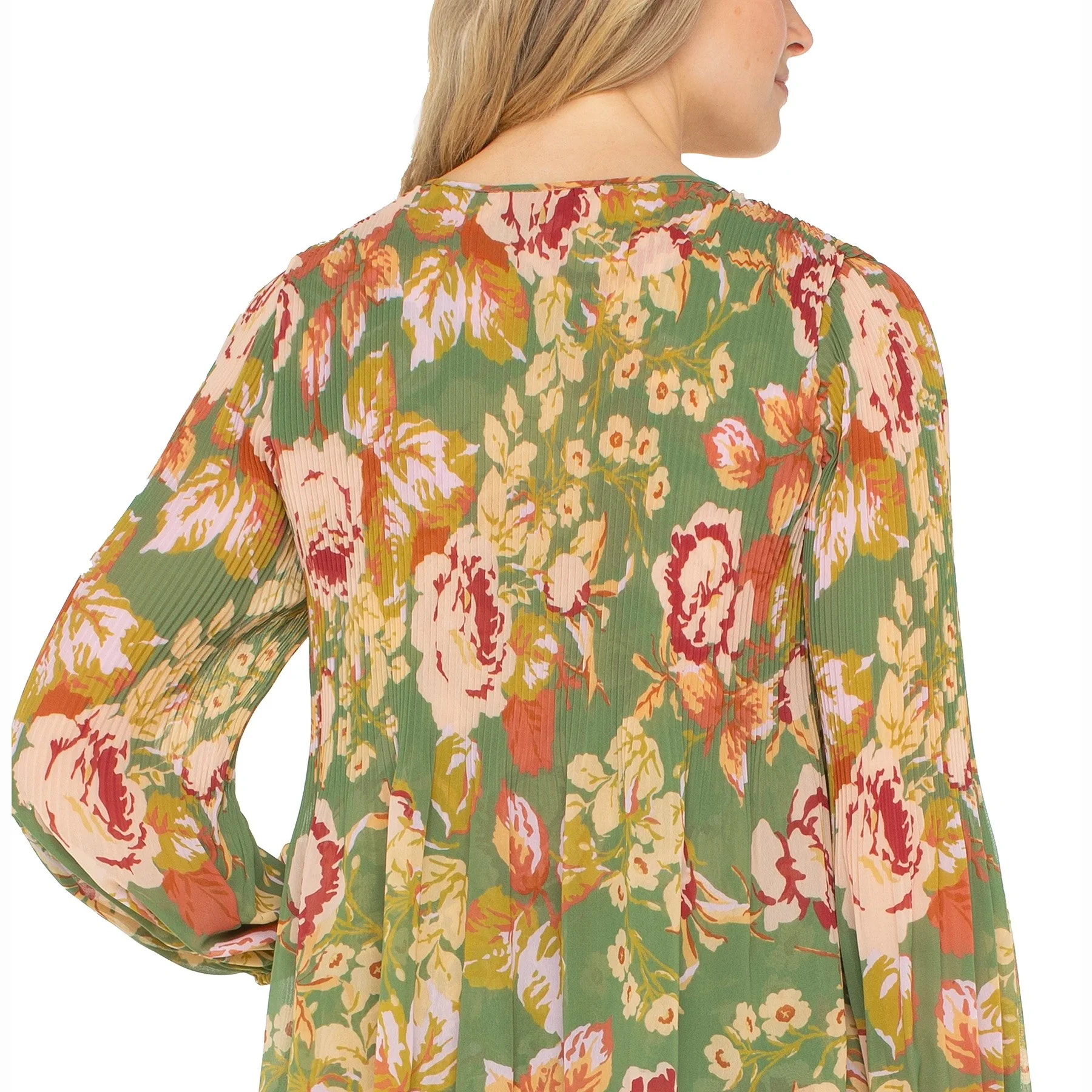 The long sleeve v-neck pleated top in green multi floral print by Liverpool LA