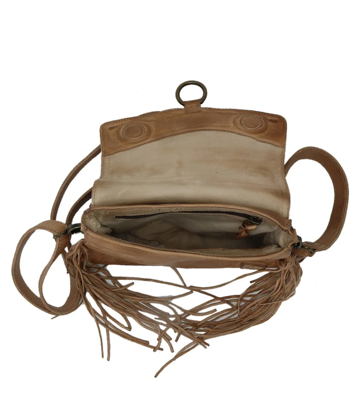 The hidden fringe crossbody handbag in tan rustic leather by Bed Stu