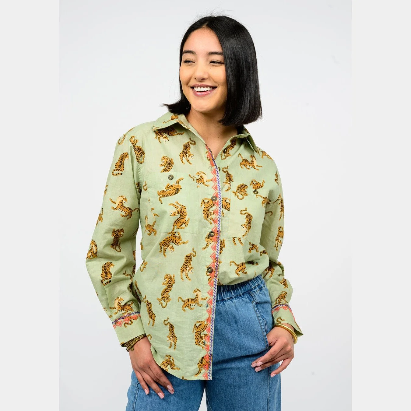 Ivy Jane-tiger embroidered camp shirt in sage color with tiger print