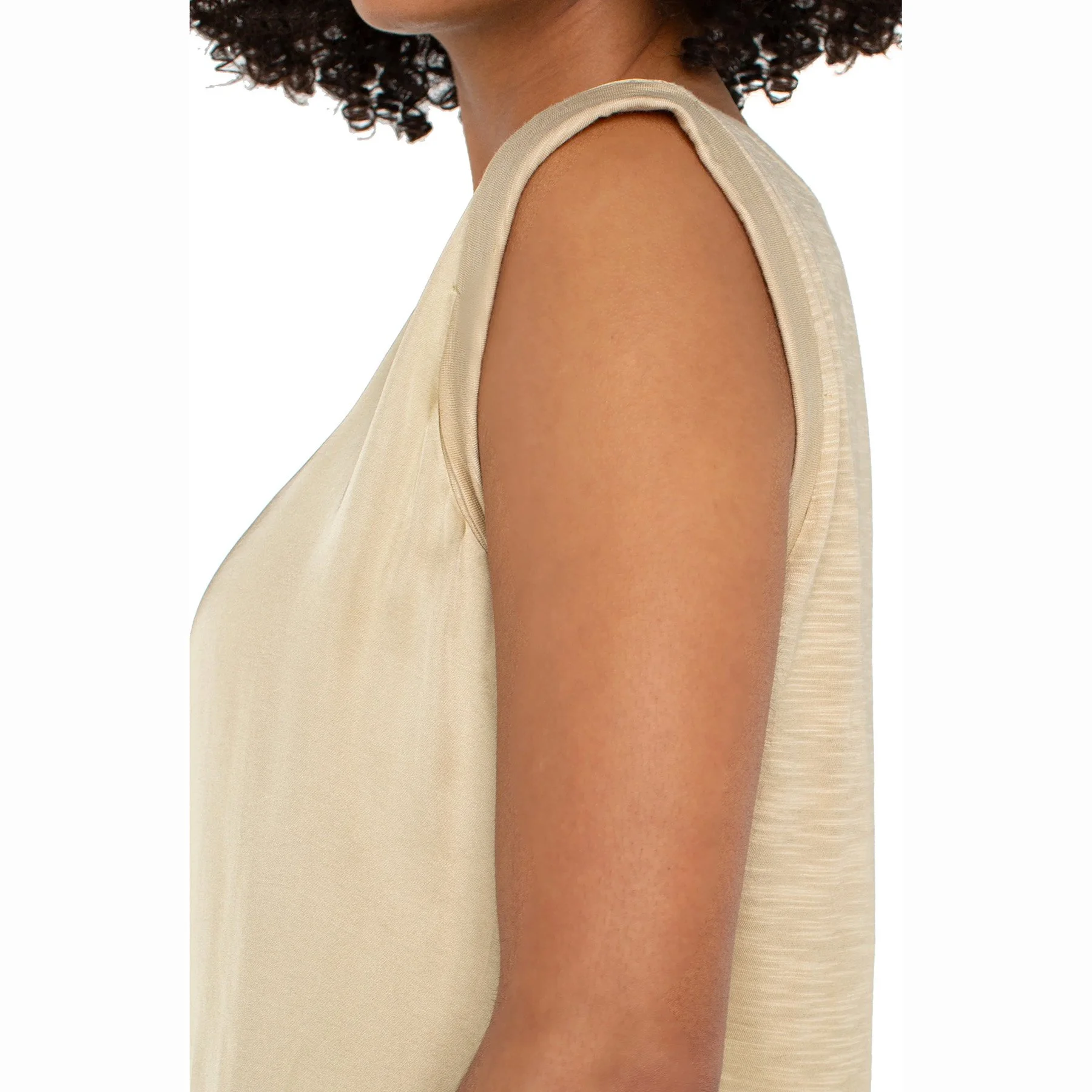 The sleeveless woven to knit top in pale gold by Liverpool LA