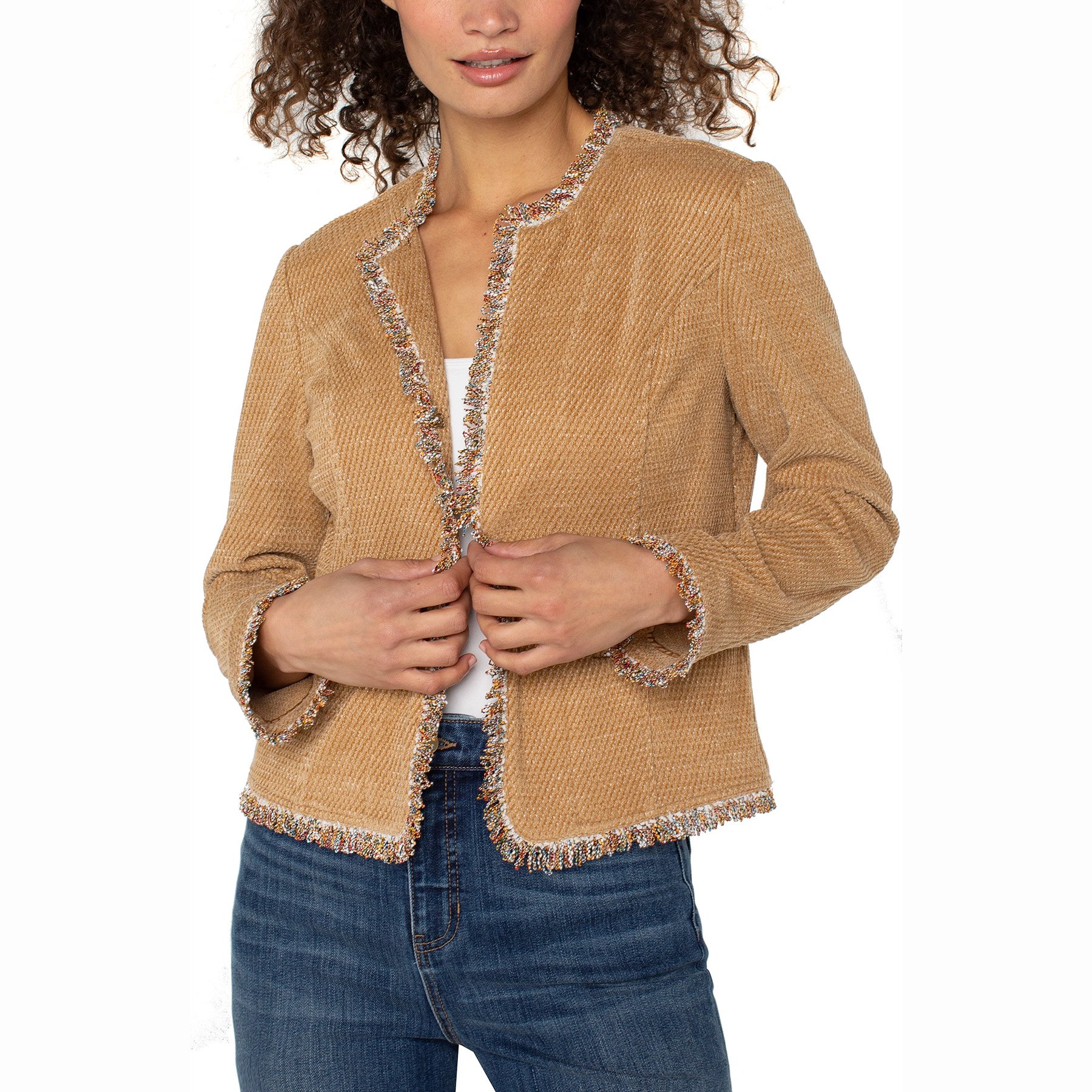 The collarless jacket with frayed edges by Liverpool LA in honey color