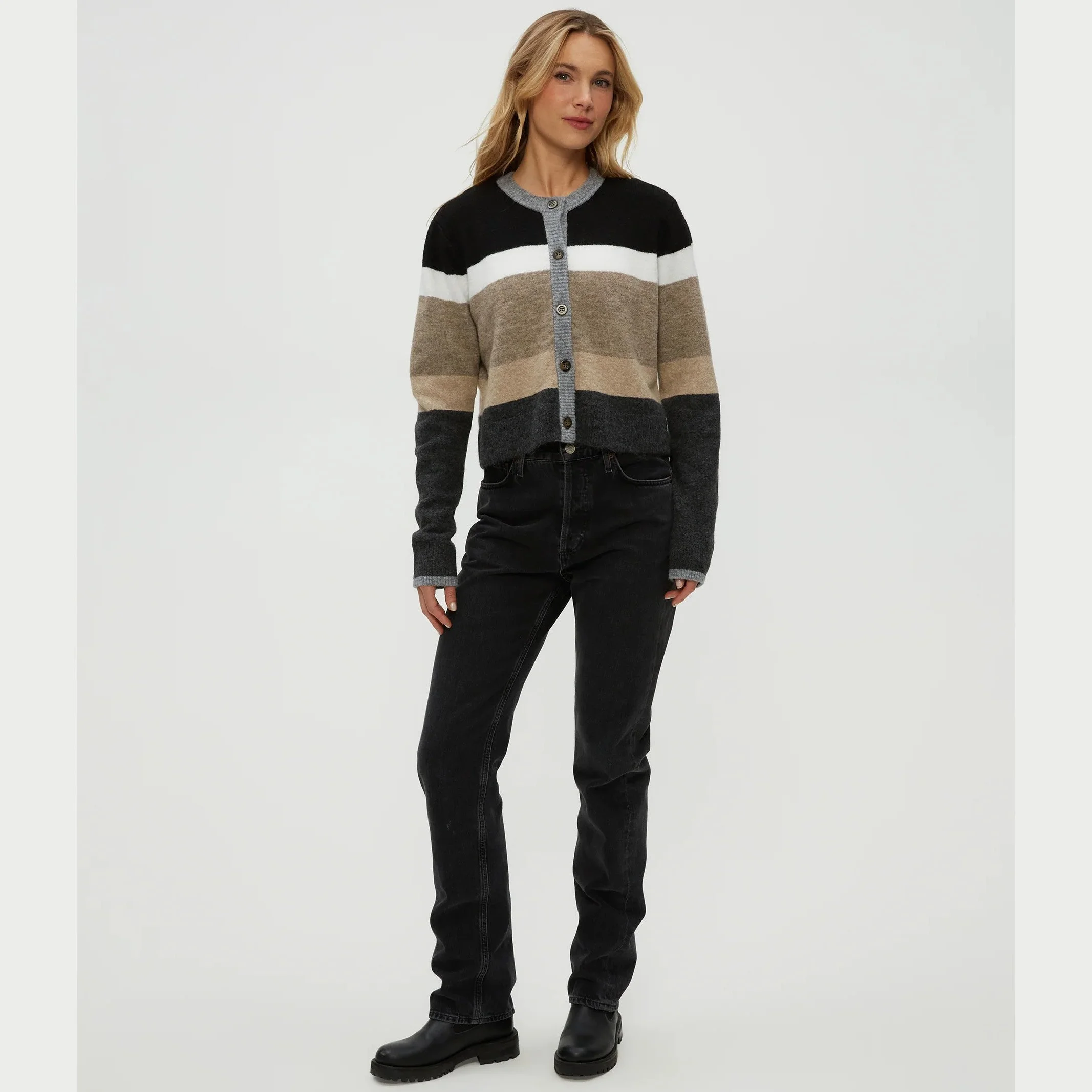 The fiona stripe crew neck cardigan by Michael Stars in neutral stripe color combination
