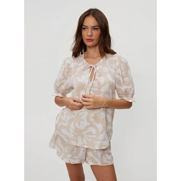 The genevieve printed puff sleeve double gauze top by Michael Stars in cement color