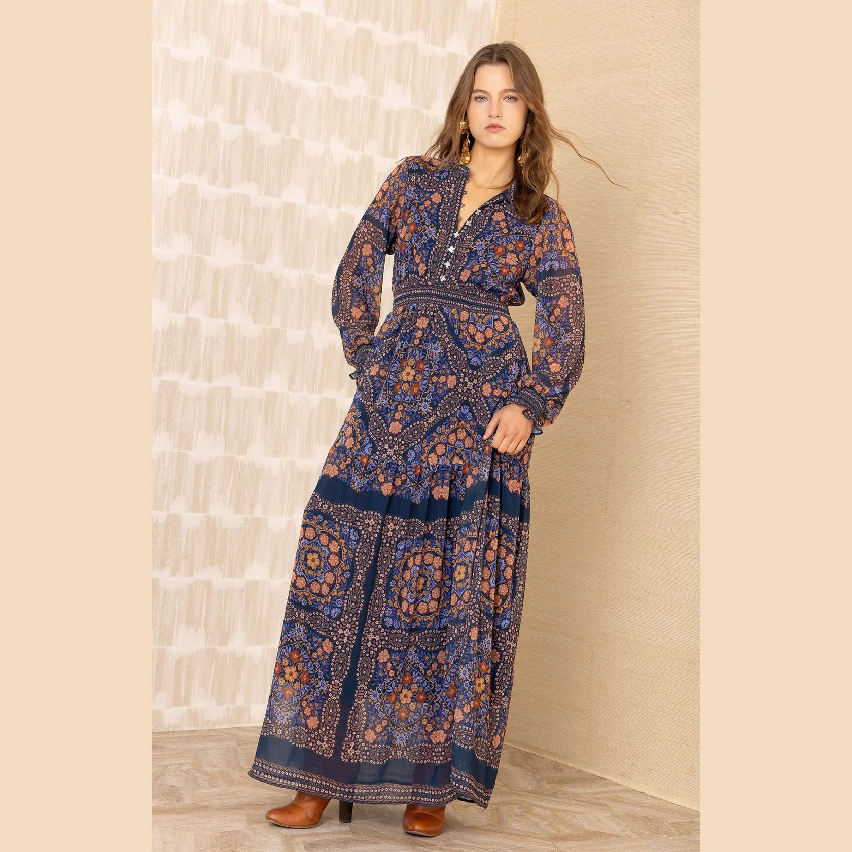 The marisol long sleeve chiffon maxi dress by Hale Bob in navy