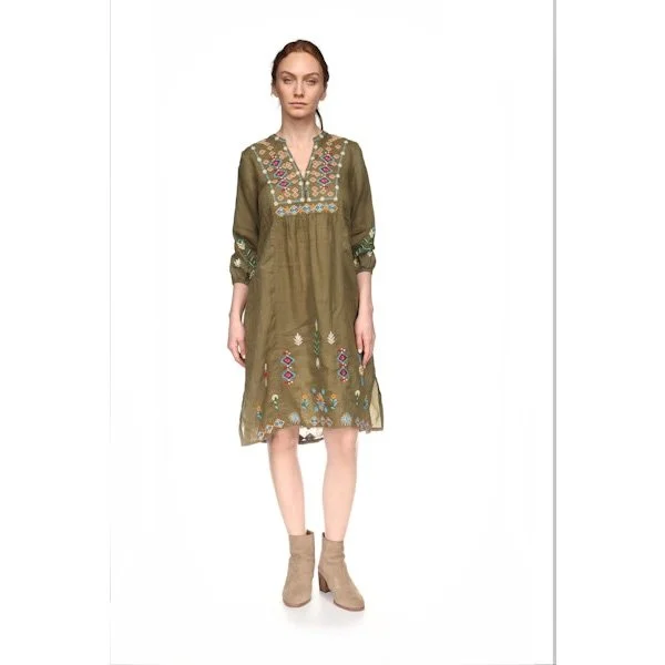 Johnny Was - button front yoke dress-josiy - martini olive
