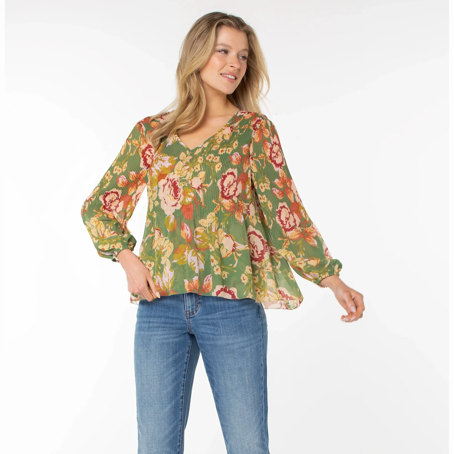 The long sleeve v-neck pleated top in green multi floral print by Liverpool LA