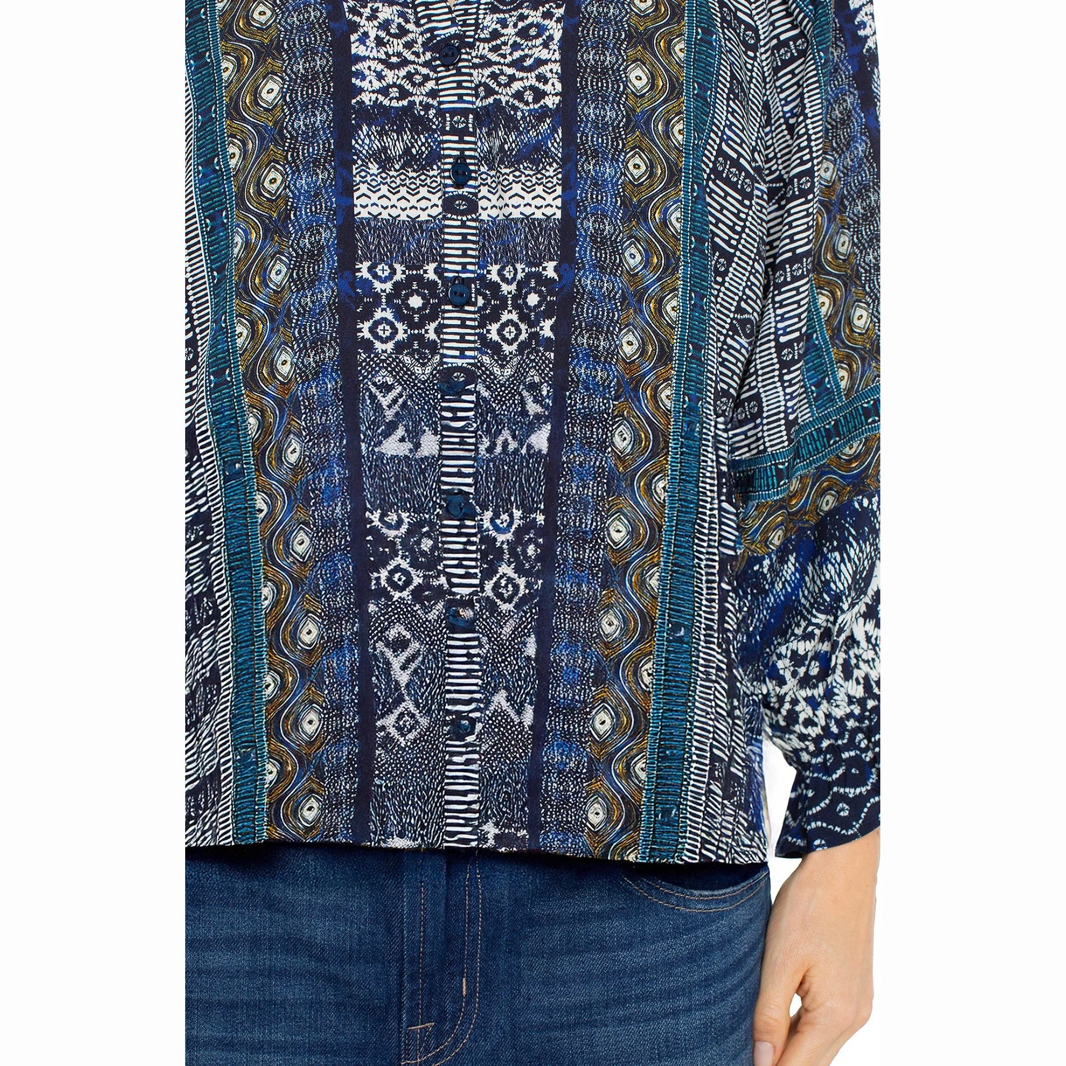 The 3/4 sleeve button front woven blouse by Liverpool in blue shibori multi print