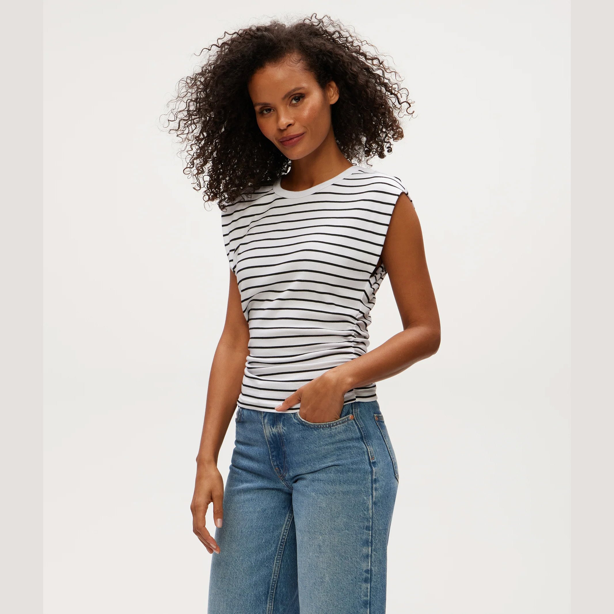 The joni striped crew neck power shoulder tee by Michael Stars in white with black stripe