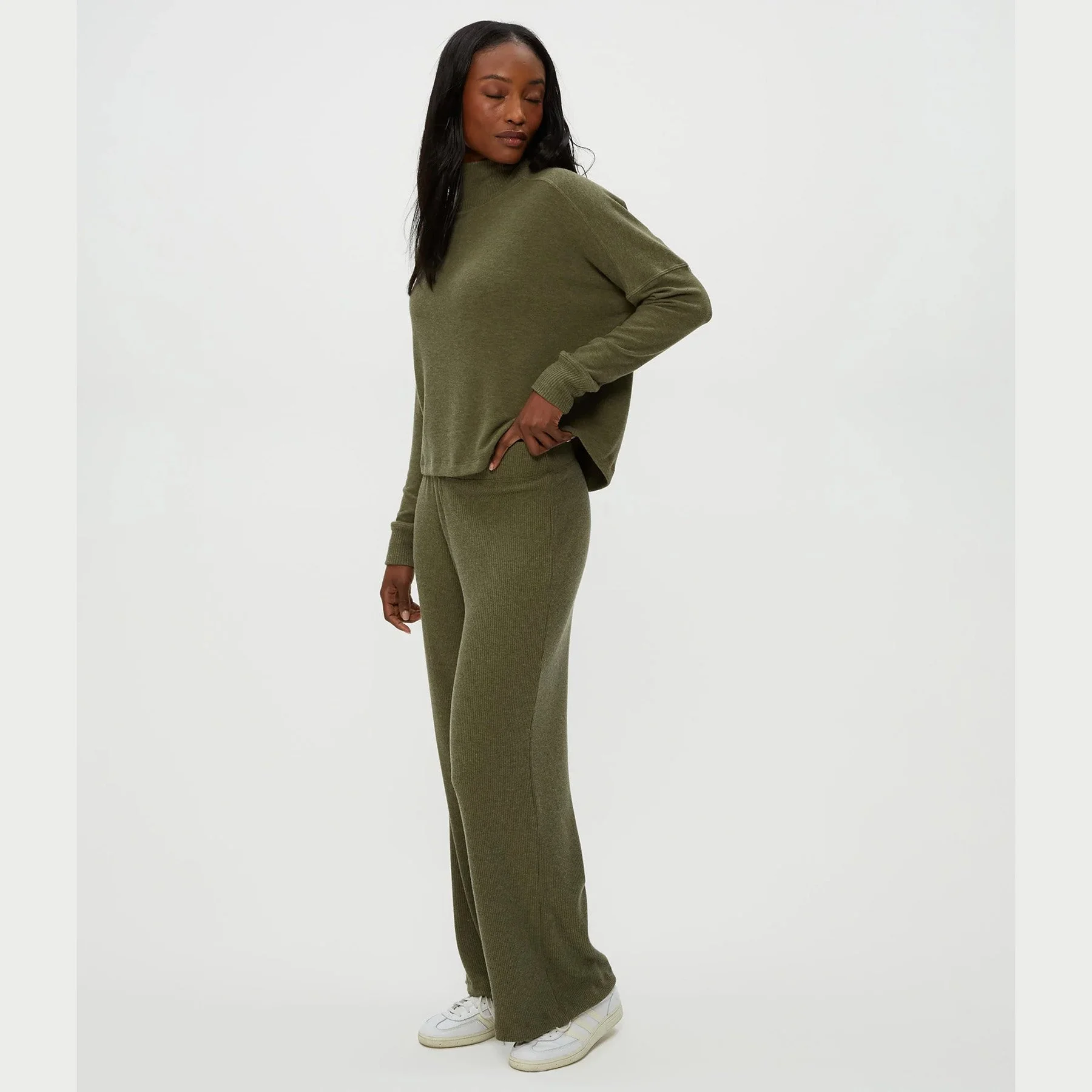 The leann straight ribbed pant by Michael Stars in topiary (green) color