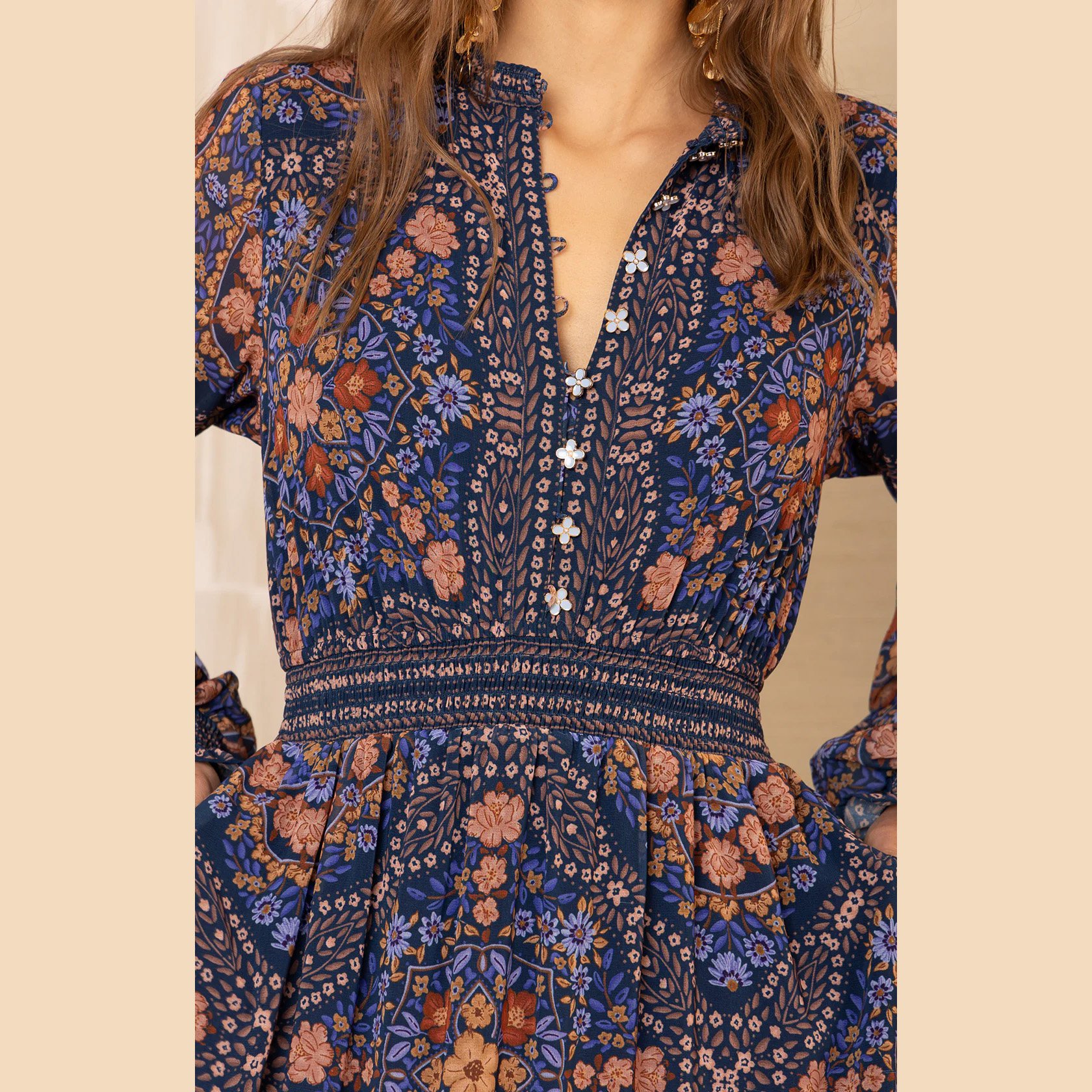 The marisol long sleeve chiffon maxi dress by Hale Bob in navy