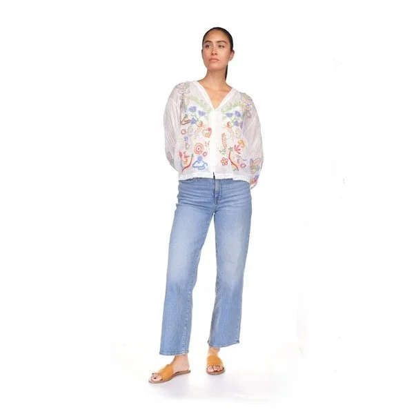 Johnny Was luna shirt in white with embroidered floral details