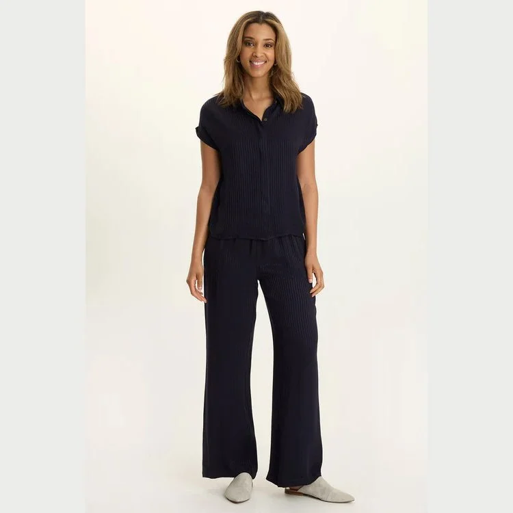 The harmon satin stripe wide leg pant by Wearables in navy