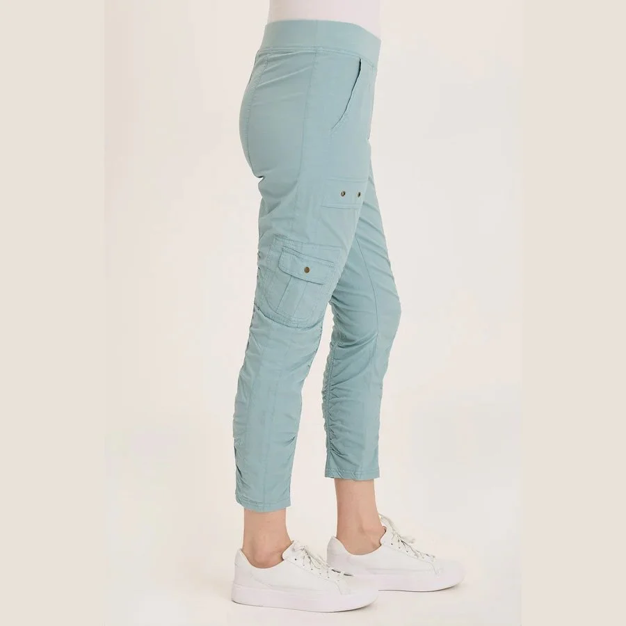 The tilton stretch poplin ruched skinny pant by Wearables in ocean front color, side view