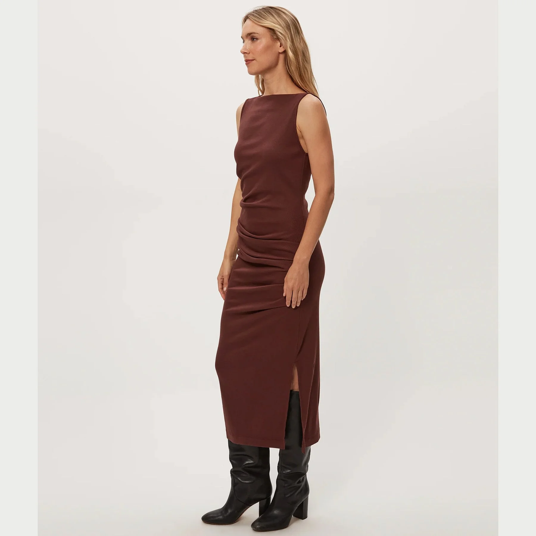 The reign knife neck pleated midi dress by Michael Stars in espresso (brown) color