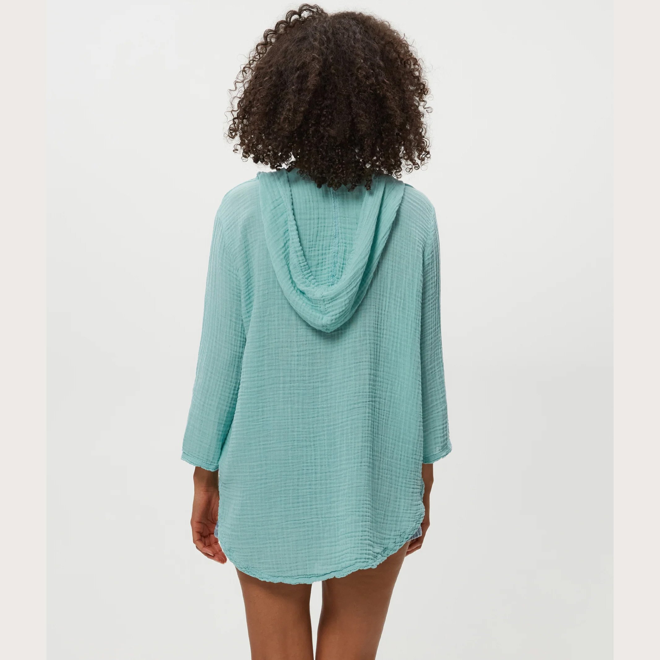 The emi hoodie in lightweight gauze by Michael Stars clothing, in serene color, rear view