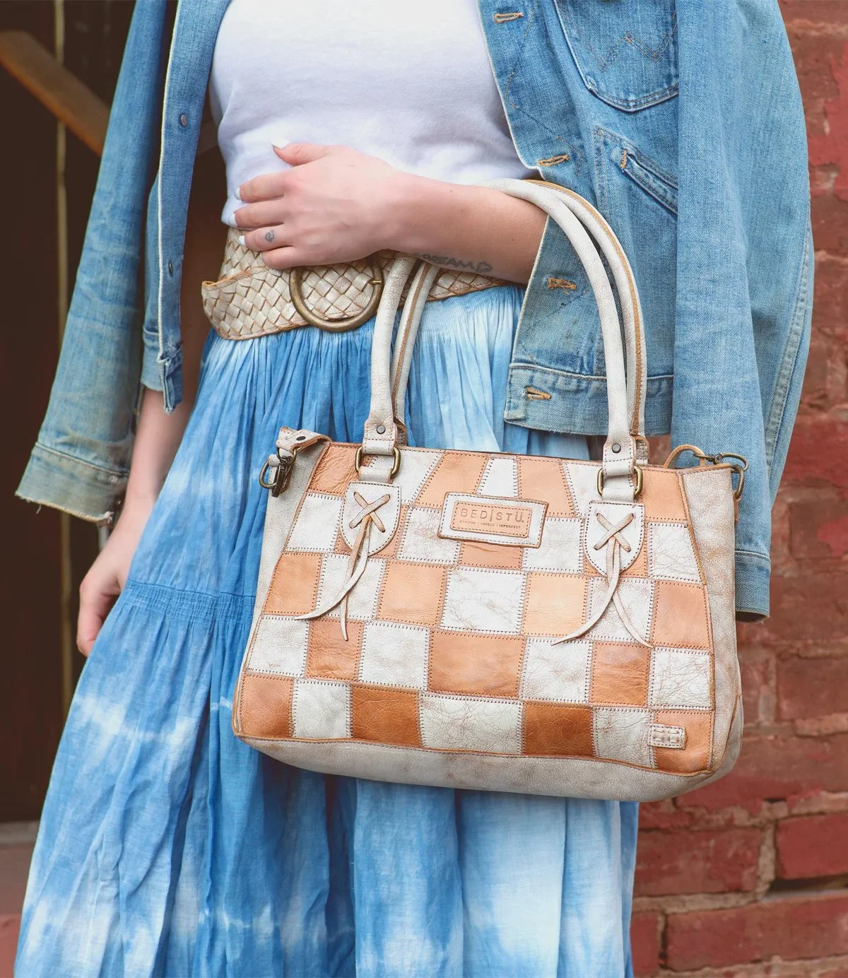 The rockababy sl handbag in nectar lux/tan rustic leather combination by Bed Stu