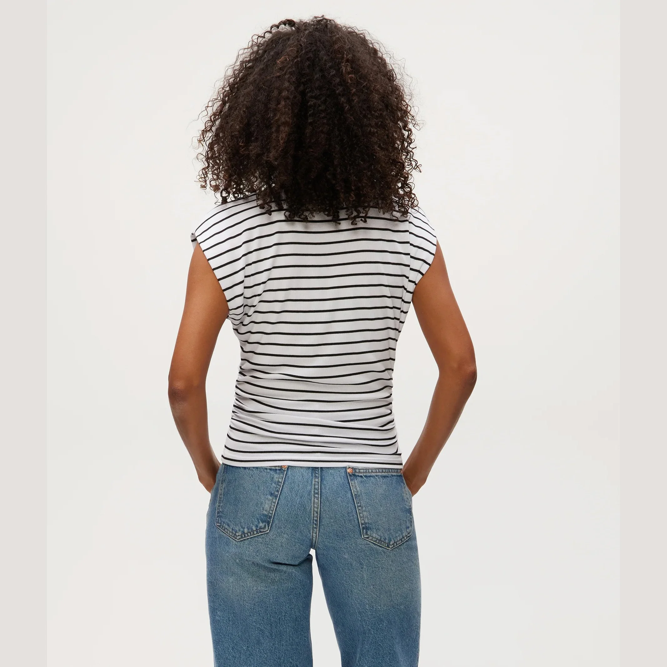 The joni striped crew neck power shoulder tee by Michael Stars in white with black stripe