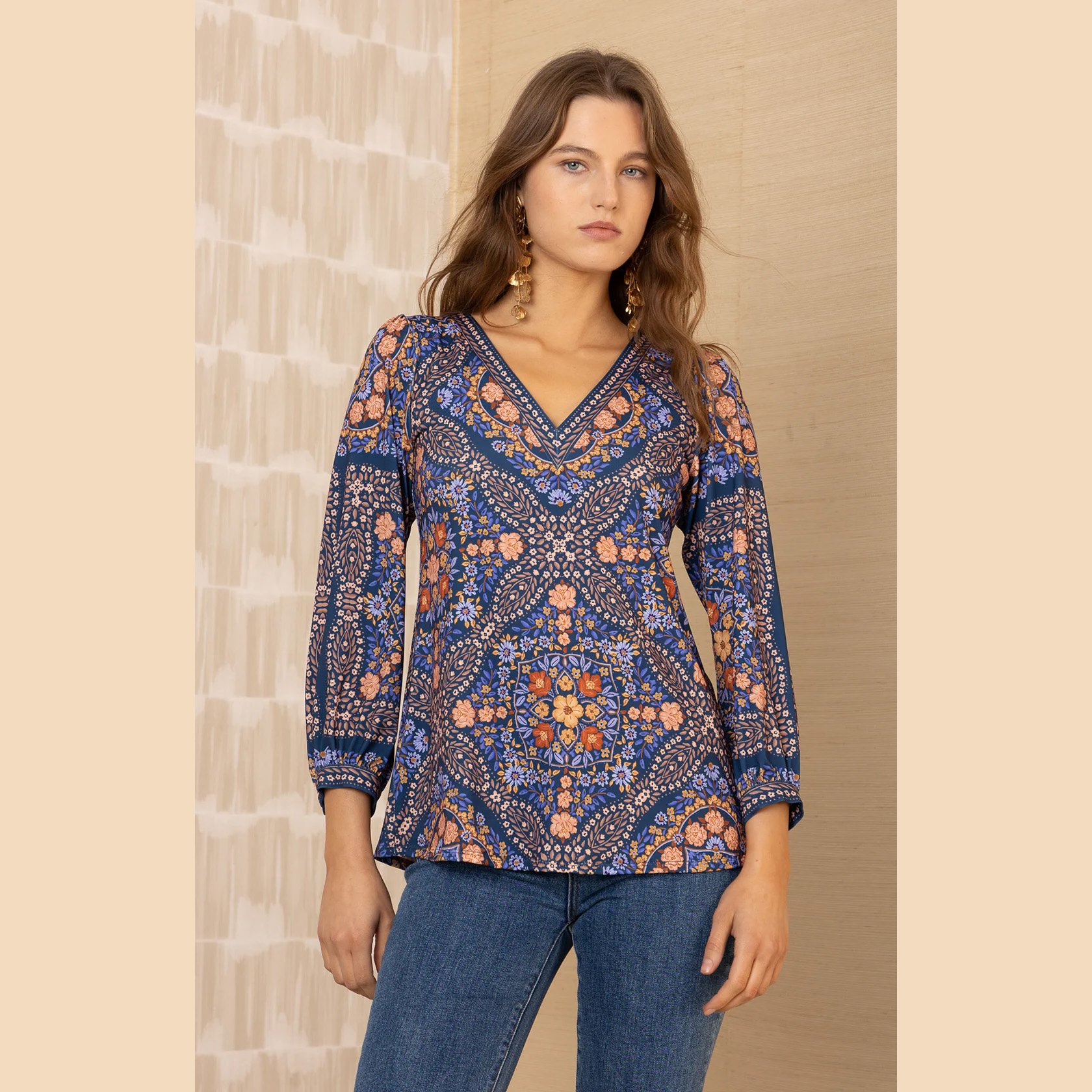 The paloma v-neck 3/4 sleeve jersey top by Hale Bob in navy