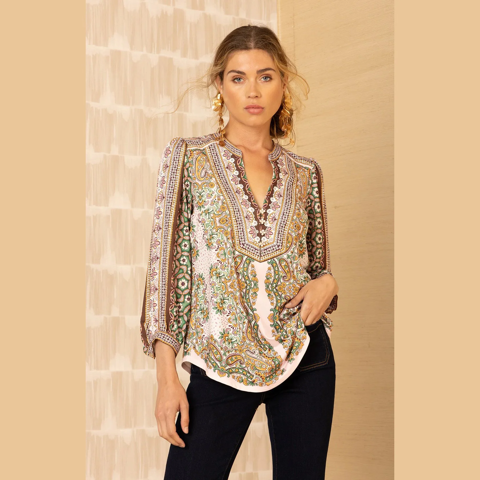 The alianna 3/4 sleeve jersey top by Hale Bob in pink