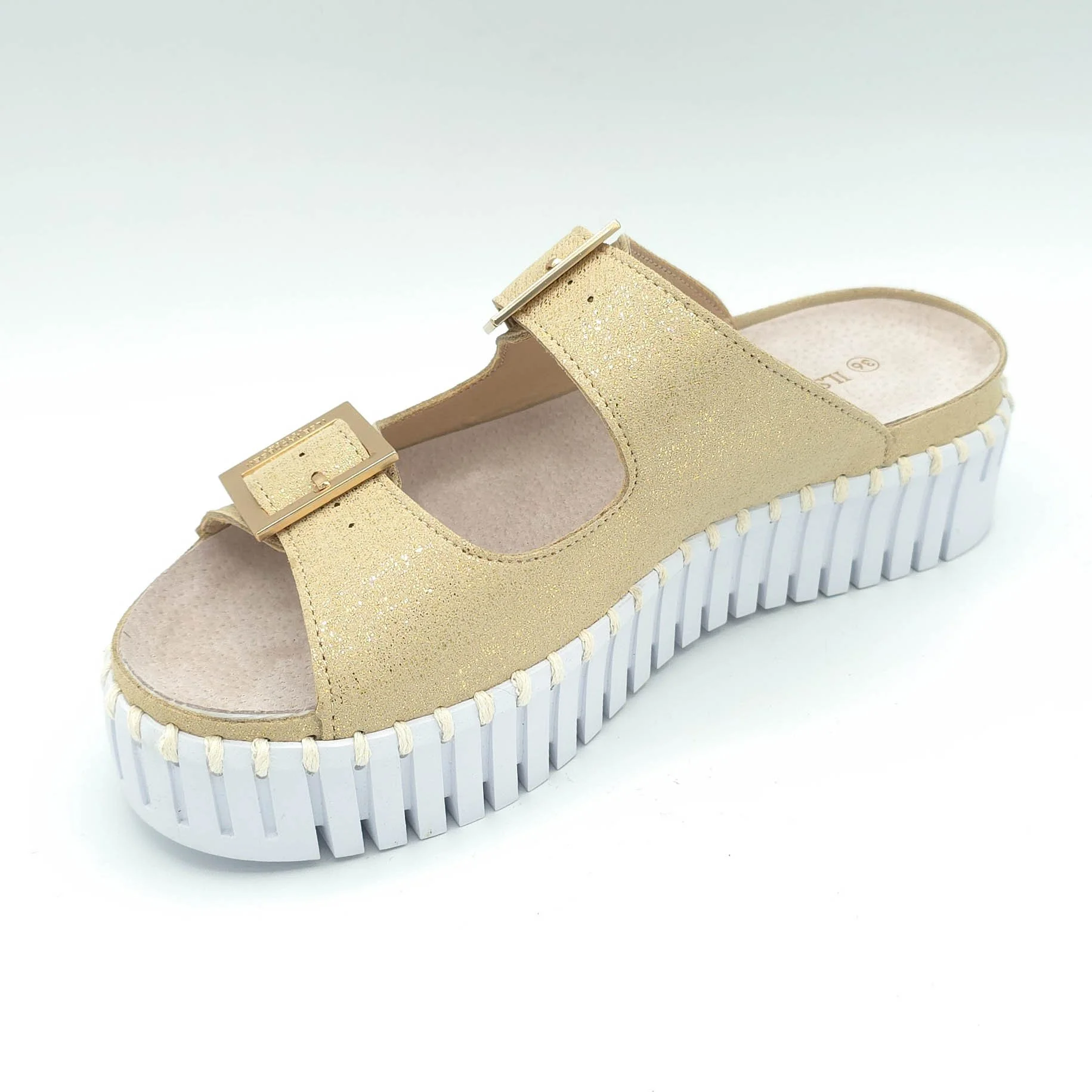 Tulip double buckle sandal by Ilse Jacobsen in platinum color