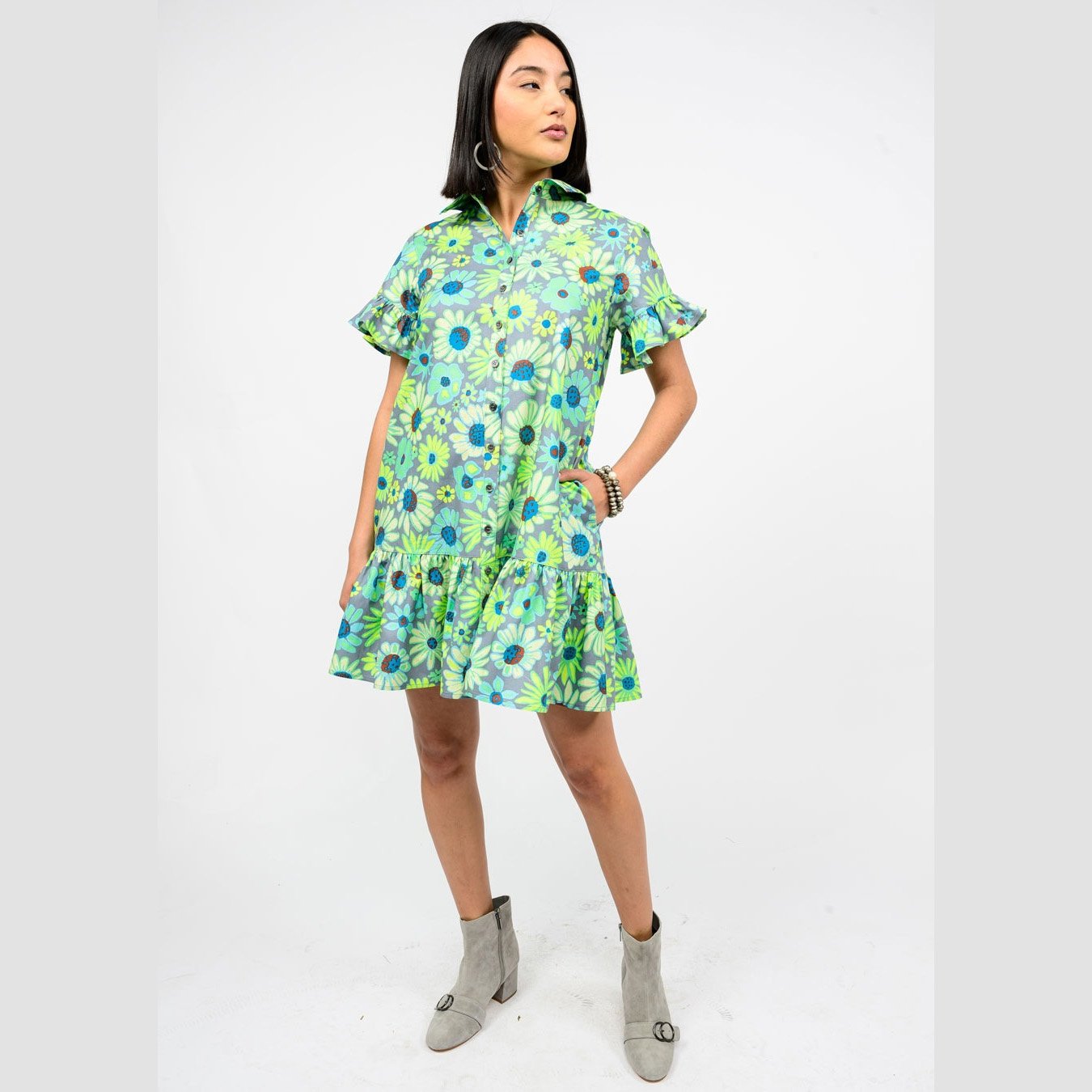 Neon Blooms shirt dress in grey by Uncle Frank, another full front view