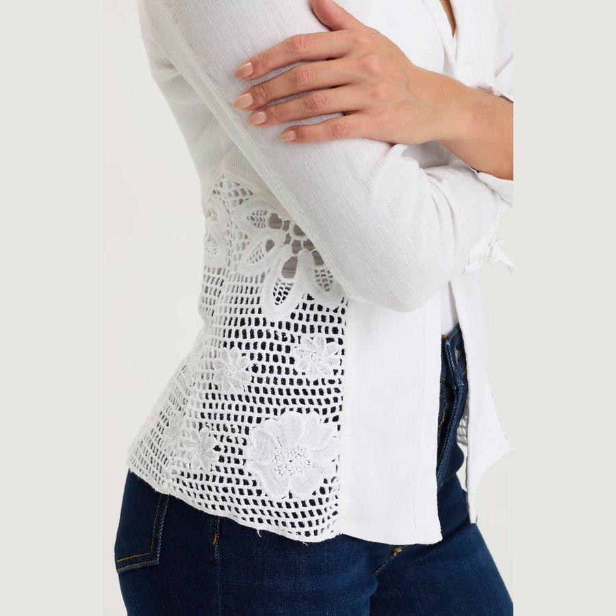 A white linen jacket by XCVI clothing, the trinket jacket in white with crochet detailing, detail view of crochet