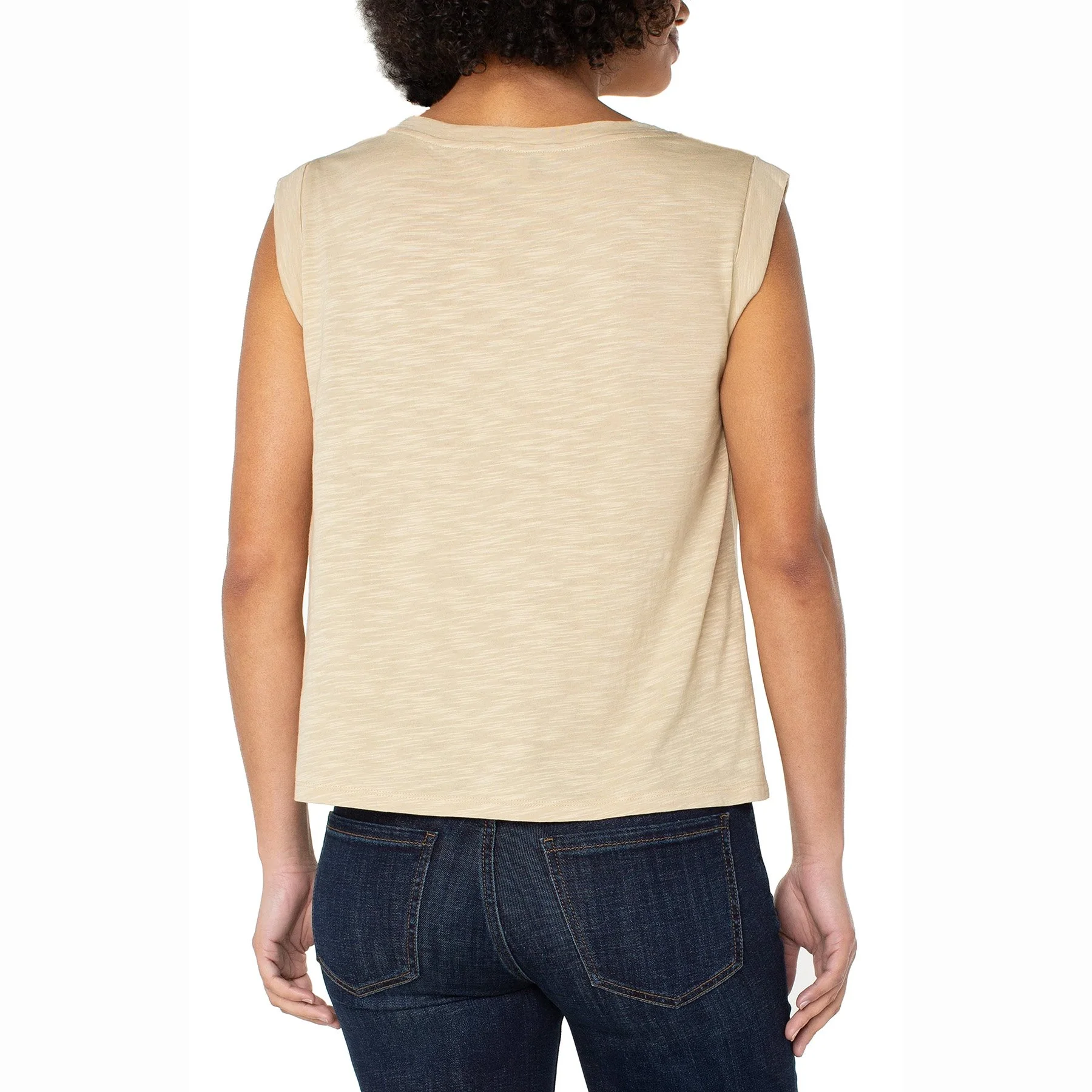 The sleeveless woven to knit top in pale gold by Liverpool LA