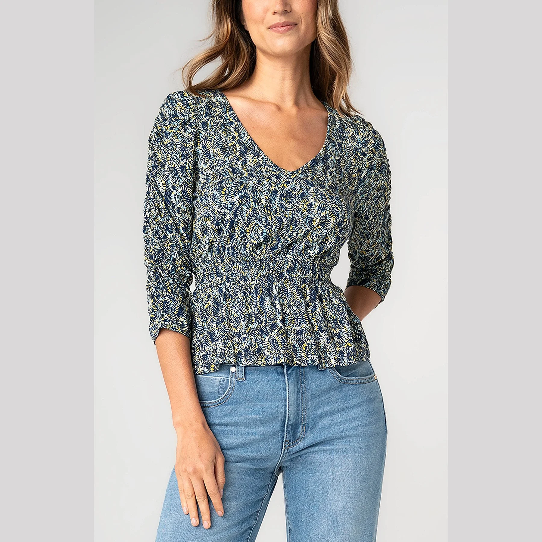Liverpool-three-quarter-ruched-sleeve-vneck-knit-top-navy-gold-multi-print-01.jpg