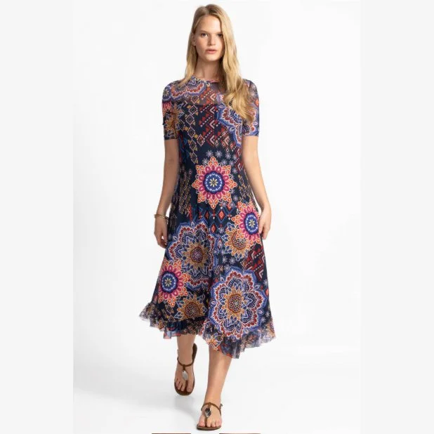 The mesh elbow sleeve asymmetric hem dress in padme print/color combination by Johnny Was