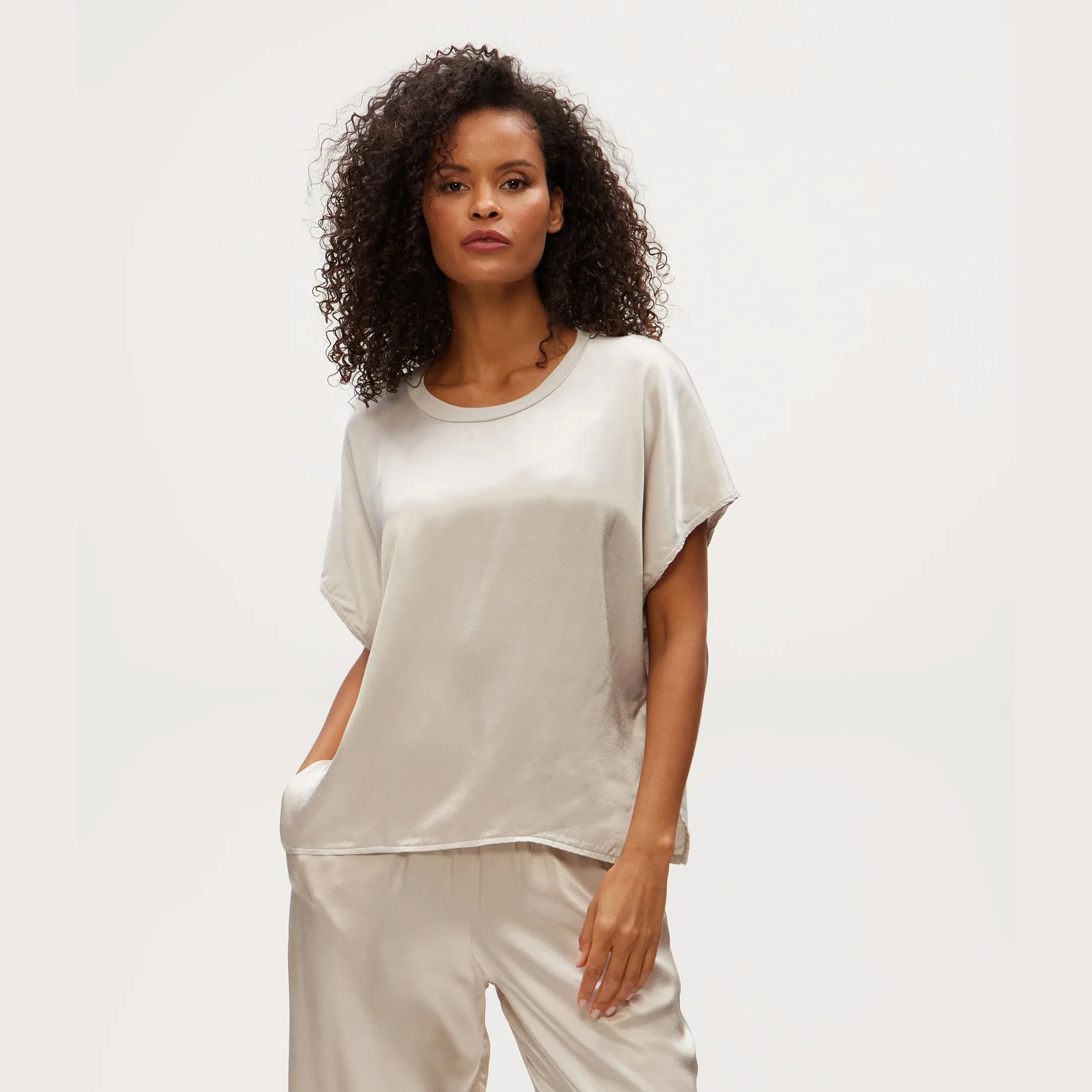 The flow satin tee shirt by Michael Stars, in cement color, front view.