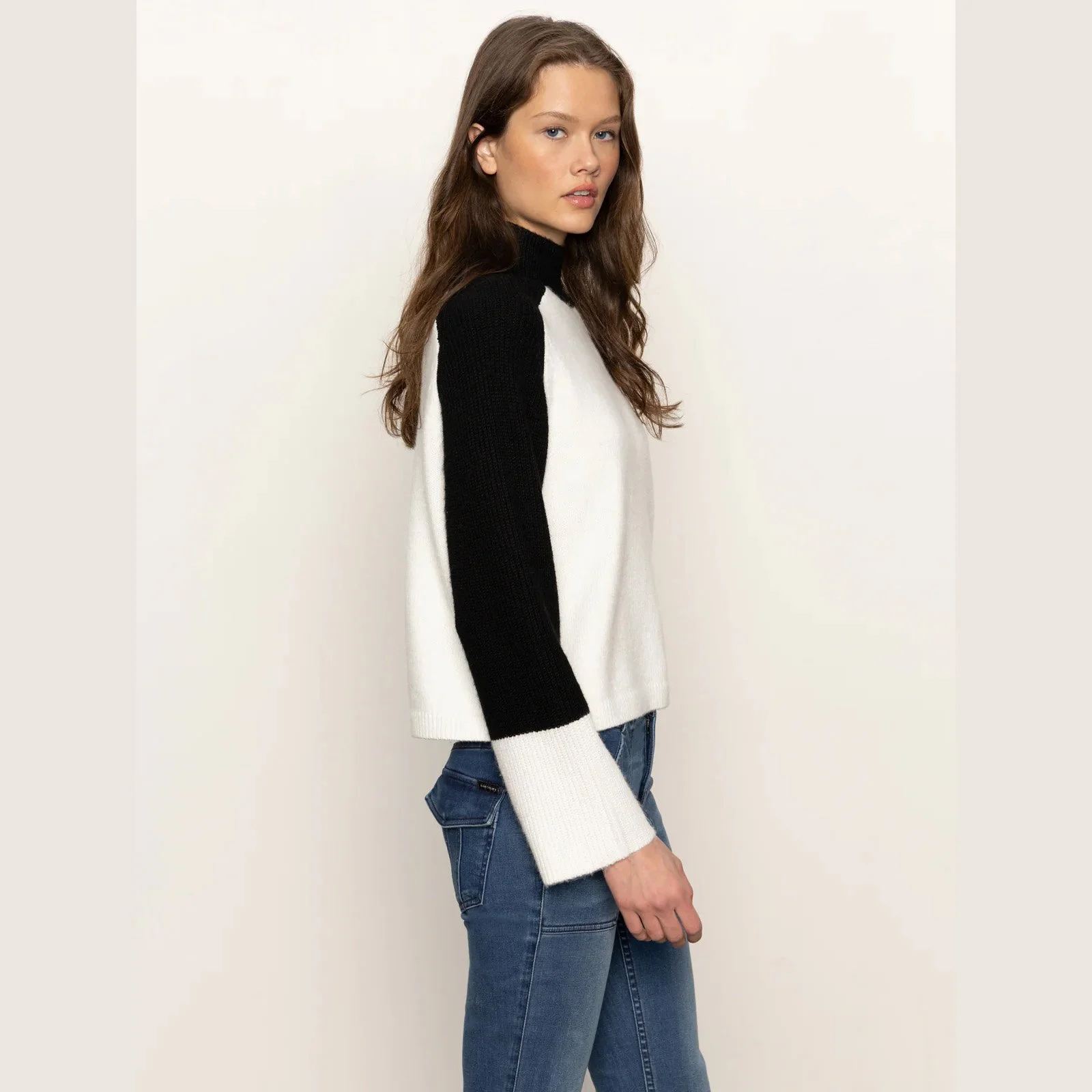 The downtown mock neck sweater by Sanctuary Clothing in black/chalk color combination