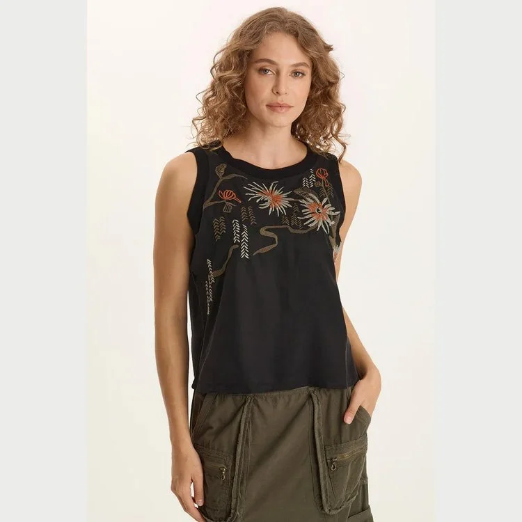 The katrine soft twill embroidered artisan tank by XCVI in black