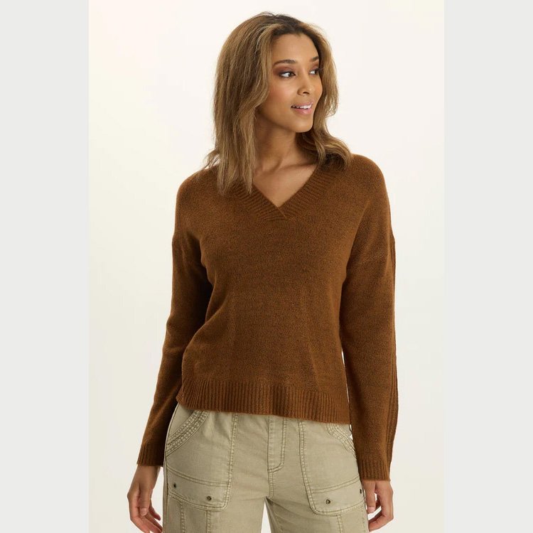 The ambrose relaxed vneck sweater by Wearables in tawny copper color