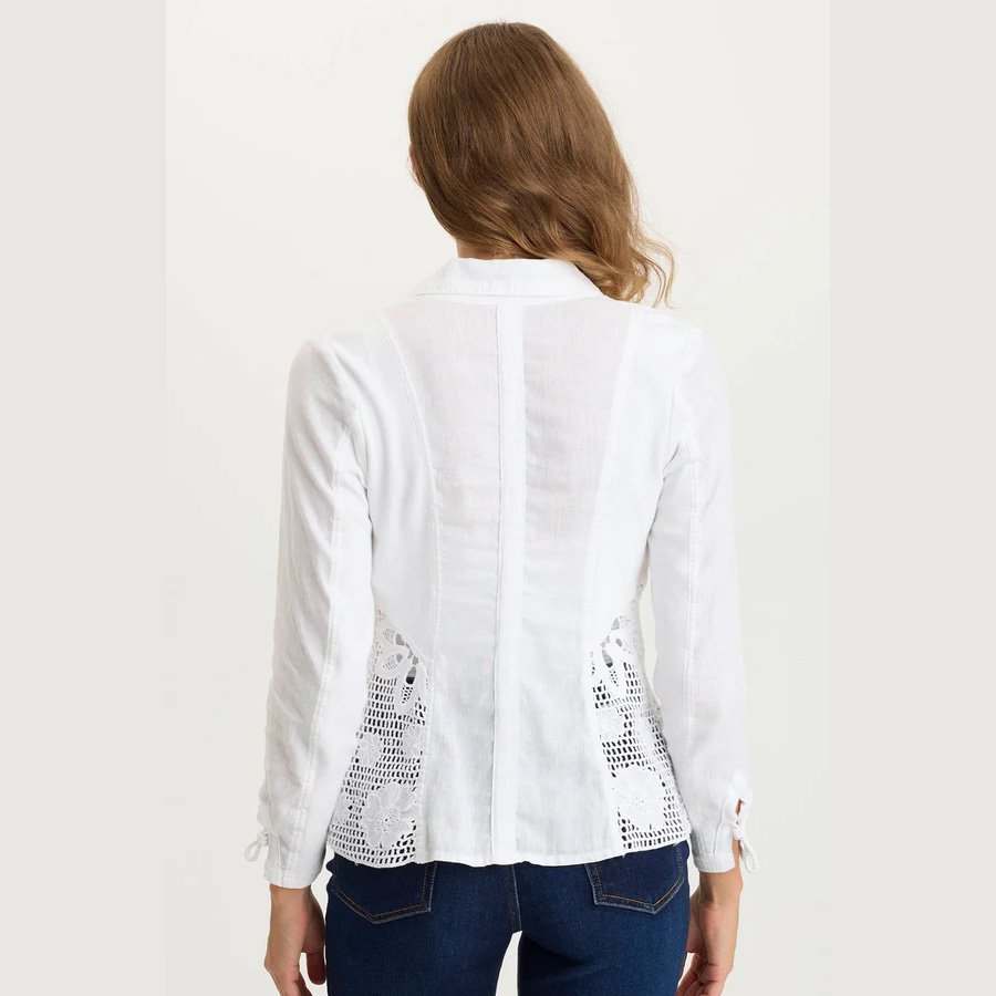 A white linen jacket by XCVI clothing, the trinket jacket in white with crochet detailing, rear view
