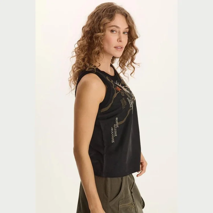 The katrine soft twill embroidered artisan tank by XCVI in black