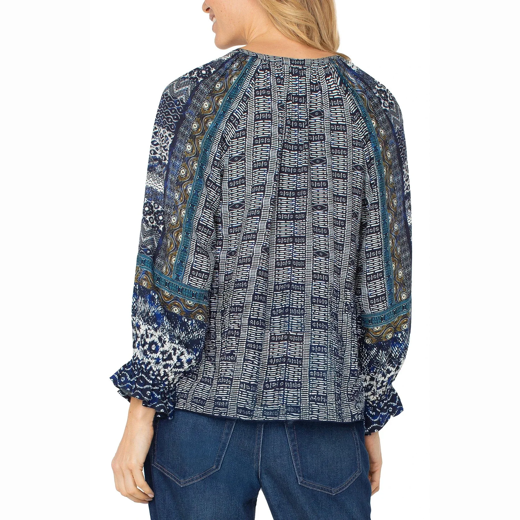 The 3/4 sleeve button front woven blouse by Liverpool in blue shibori multi print