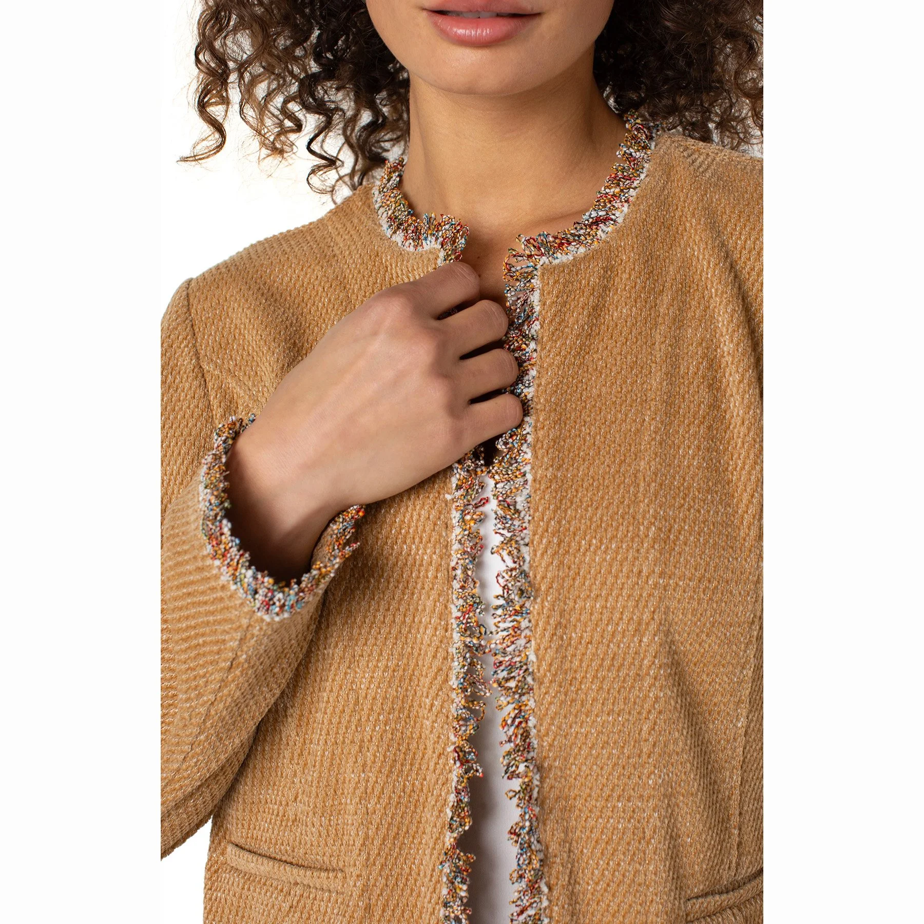 The collarless jacket with frayed edges by Liverpool LA in honey color