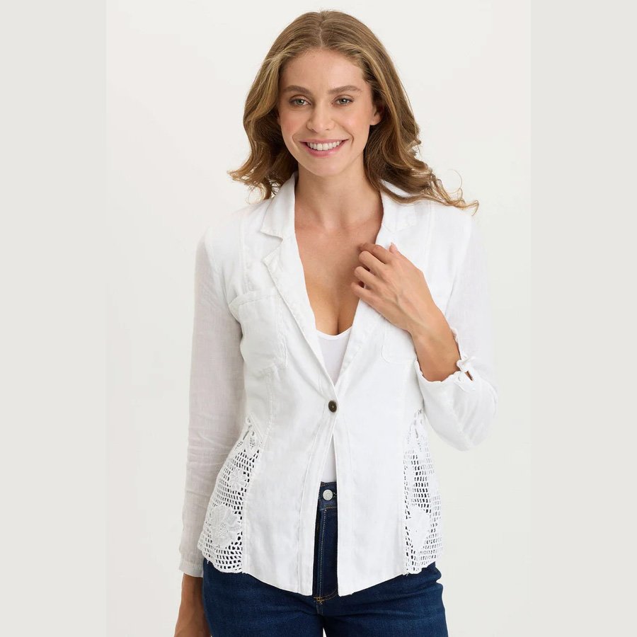 A white linen jacket by XCVI clothing, the trinket jacket in white with crochet detailing, front view