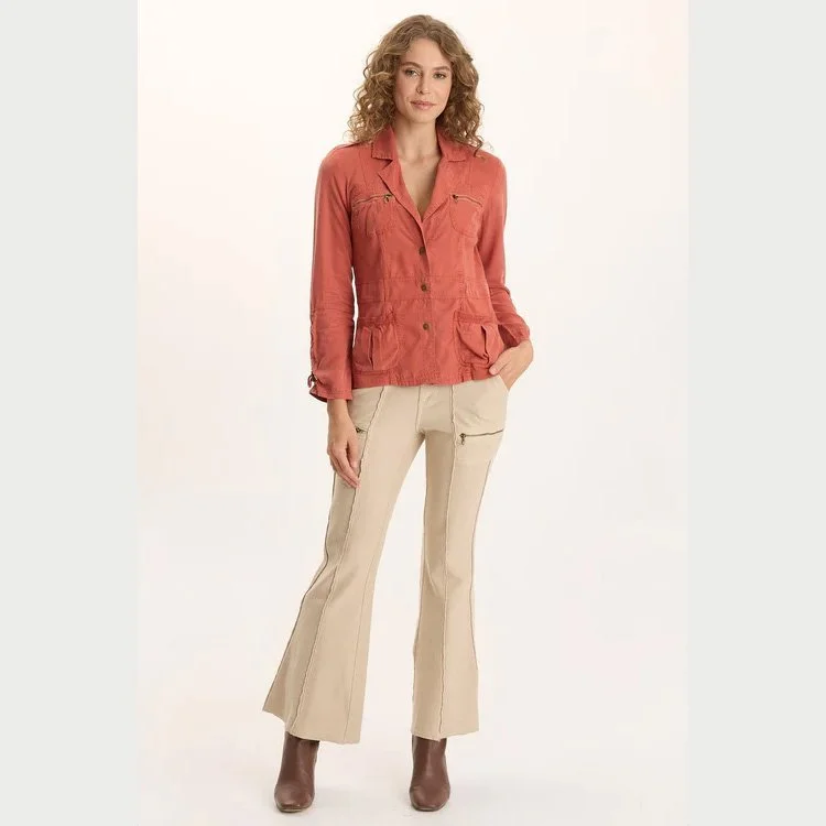The ninian twill knit zipper pocket flare pant by XCVI in park avenue color
