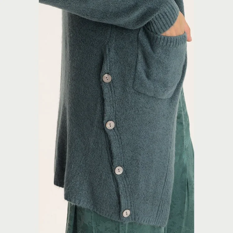 The bayek longline open-front knit cardigan by XCVI in blue oasis color