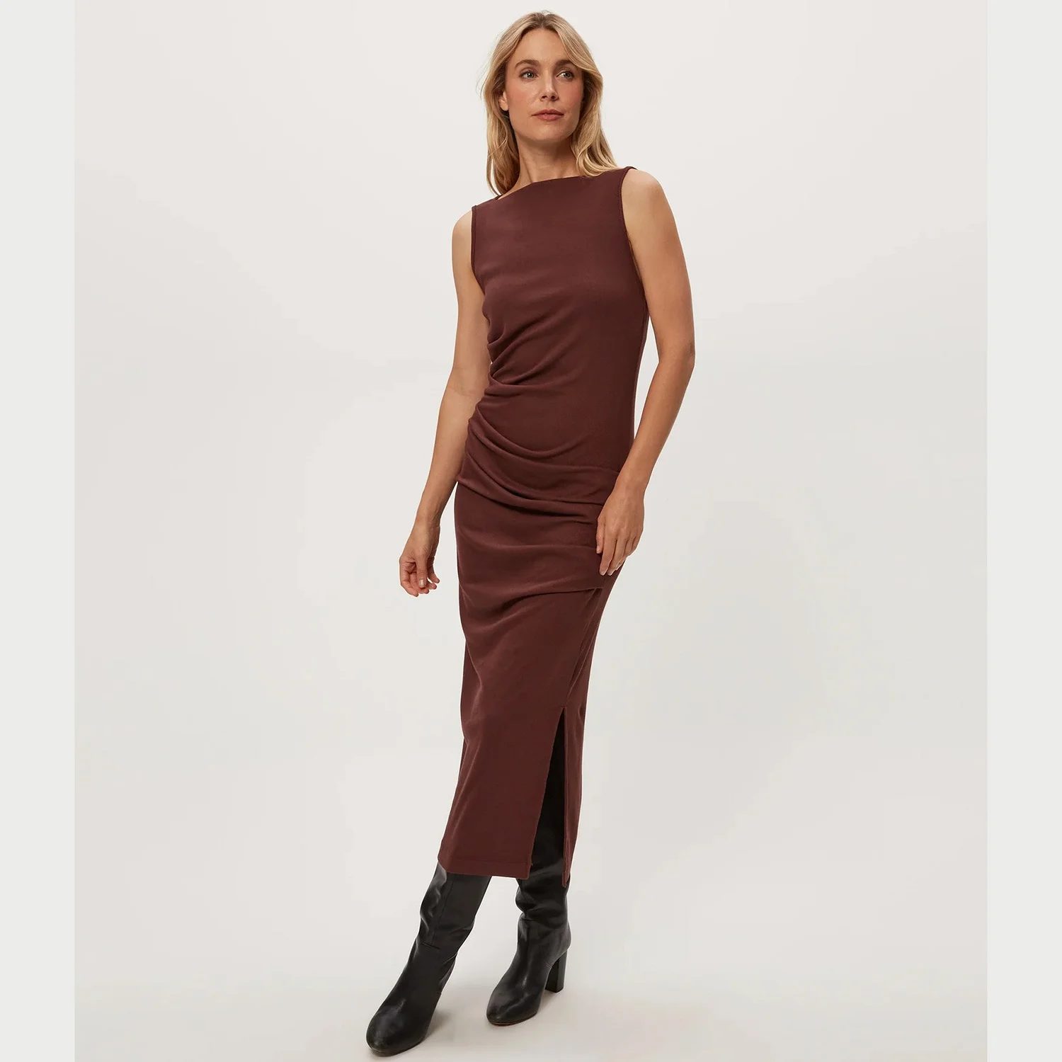 espresso brown midi dress Brown Twist Front Satin High Low Midi Dress main image 1