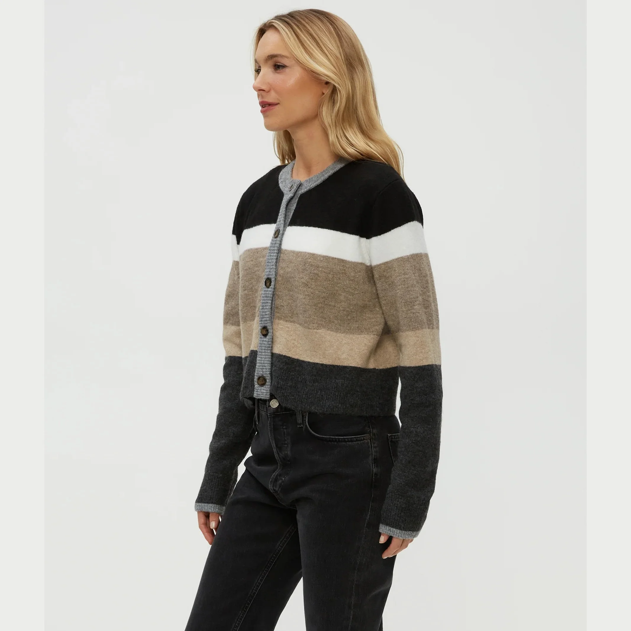 The fiona stripe crew neck cardigan by Michael Stars in neutral stripe color combination