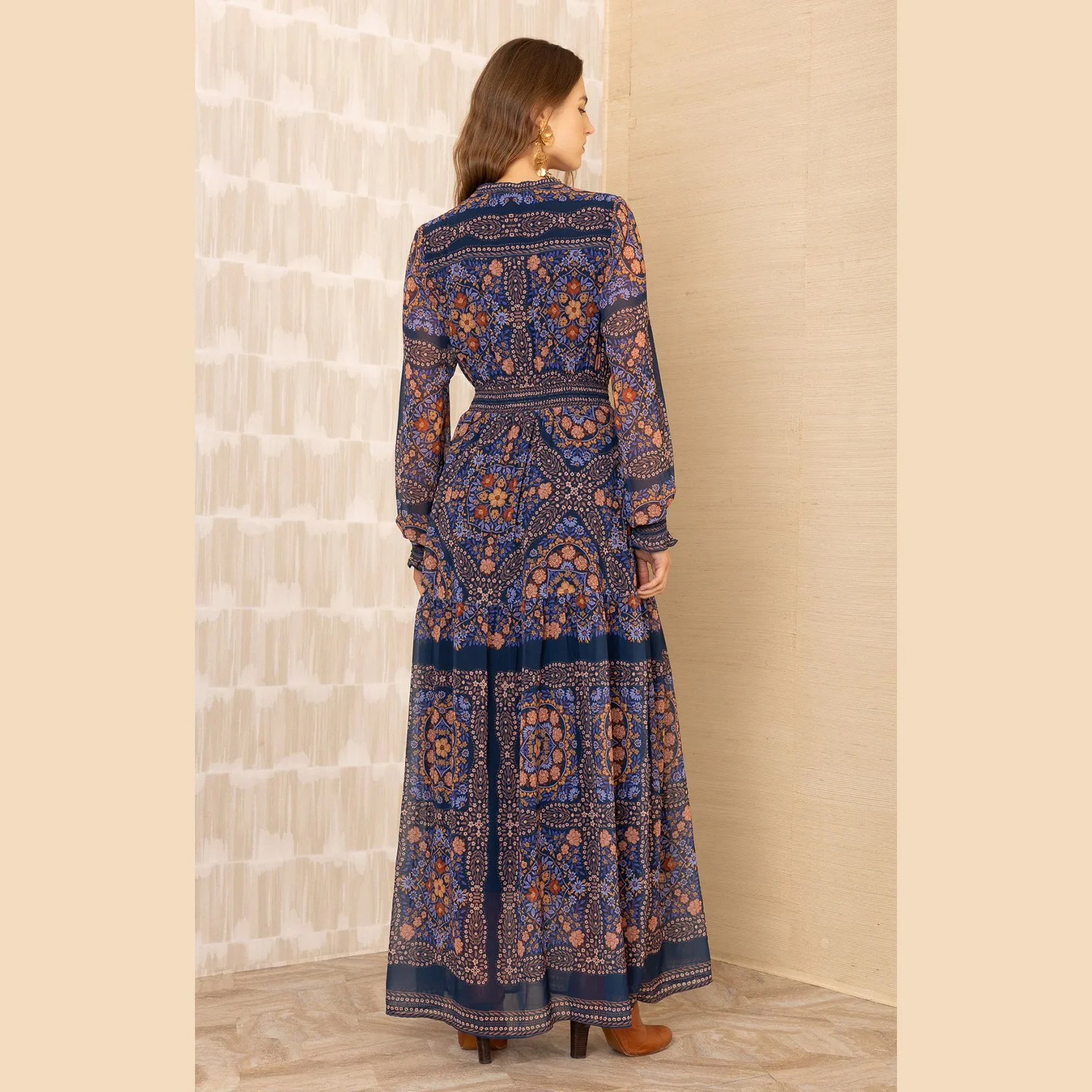 The marisol long sleeve chiffon maxi dress by Hale Bob in navy
