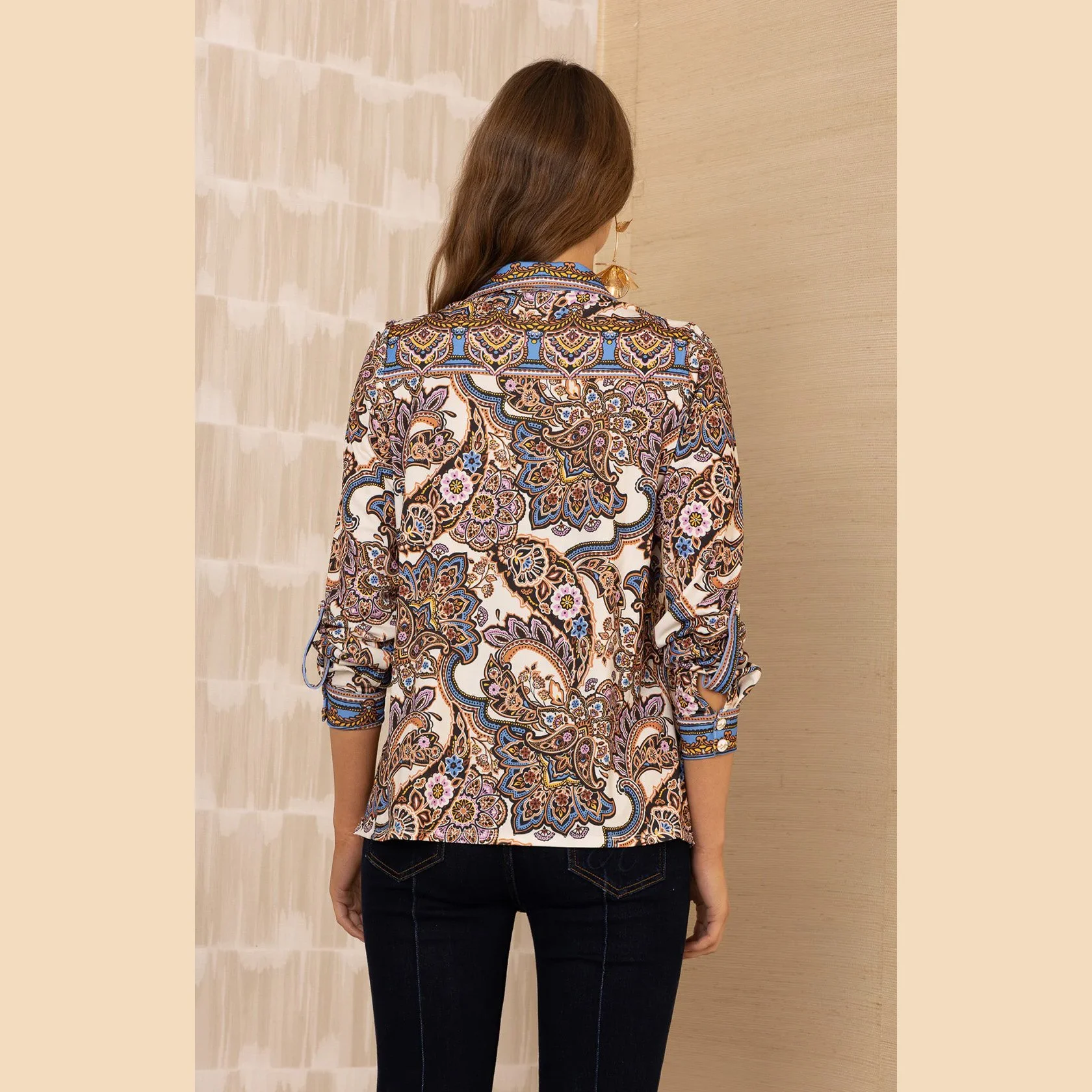 The brynleigh long sleeve button-up jersey top in ivory by Hale Bob